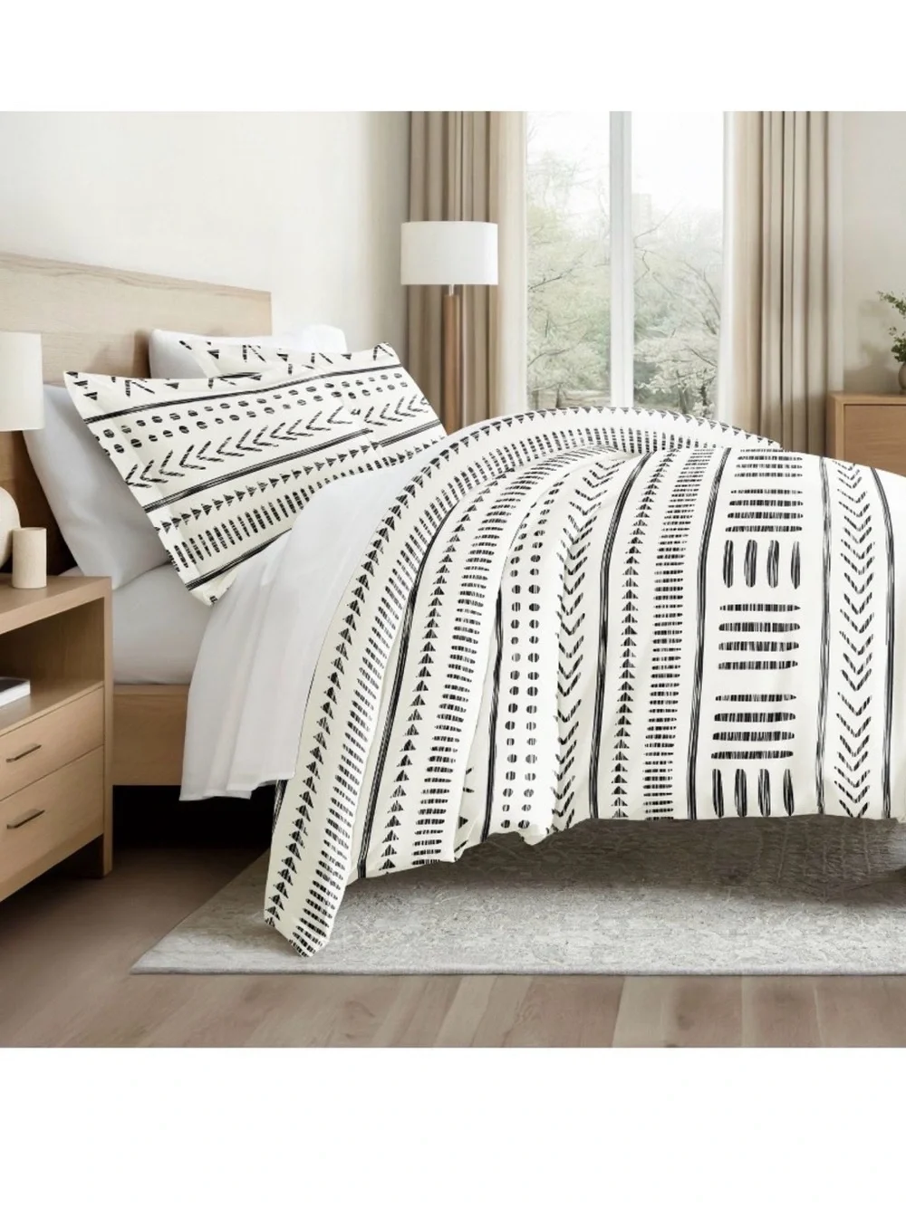 BECKY CAMERON ~ Black White Geometric Boho Striped King Duvet Cover/Pillow Cases